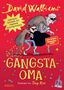 Titel "Gangsta-Oma" in gelber Schrift auf rotem Hintergrund. Illustration: Junge mit Oma als Diebe, umgeben von Sternen.