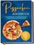 Text: "Pizzaofen Kochbuch. Die leckersten und abwechslungsreichsten Pizzaofen Rezepte von herzhaft bis süß. Inkl. Pizzasaucen, Teigrezepte, Fingerfood, Desserts uvm." Eine Pizza mit Basilikumblättern auf einem Holzbrett.