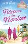 "Flüstern der Nordsee", "Roman". Farbiger Strand mit Blumen, einem Paar, einer kleinen Hütte und einem Surfbrett., Buch