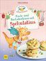 "Koch- und Backabenteuer mit Spekulatius" und ein lachender Drache in Schürze, Nudel-Muffins auf einem Teller.