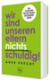 Grünes Buchcover mit lila und weißem Text: "wir sind unseren eltern nichts schuldig!" von ANKE PRECHT., Buch