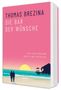 Ein rosa Buchcover mit "THOMAS BREZINA DIE BAR DER WÜNSCHE". Illustration: Paar am Strand, Sonnenuntergang, Steg mit Bar.