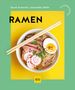 "RAMEN" oben, darunter Schüssel mit Nudeln, Ei, Fleisch und Stäbchen auf gelbem Hintergrund, grüner Rand., Buch