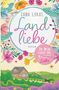 Bunte Blumenillustration mit Text "Jana Lukas, Landliebe, Roman" und "Im Wein liegt die Liebe". Haus und Felder im Hintergrund., Buch
