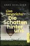 „Lisa Heynrichs Die Schatten hinter uns“ vor dunklem Himmel, Heißluftballon und Stadt im Hintergrund. Kriminalroman., Buch