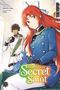 Titel: "A Tale of the Secret Saint". Illustration einer rothaarigen Frau in Uniform mit Vogel, Mann im Hintergrund., Buch