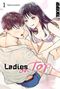 Titel: "Ladies on Top". Eine junge Frau sitzt lächelnd auf einem Mann, beide wirken verlegen. Manga-Stil., Buch