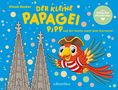 „Der kleine Papagei Pipp auf der Suche nach dem Karneval“. Ein fröhlicher Papagei fliegt neben Domspitzen.