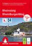 Text: "34 Etappen auf den Weitwanderwegen... Rheinsteig RheinBurgenWeg." Unten eine Flusslandschaft mit Burg. Logo und QR-Code.