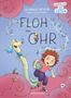 „FLOH im OHR“: Ein fröhlicher Junge rennt, Bücher unter dem Arm, neben einer langen, fröhlichen Kreatur., Buch