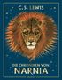"C.S. Lewis", "Die Chroniken von Narnia", "ueberreuter". Illustration eines Löwenkopfes auf dunkelblauem Hintergrund.