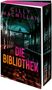 „Gilly Macmillan, Die Bibliothek, Thriller, Blanvalet.“ Ein dunkler, hoher Raum voller Bücherregale., Buch