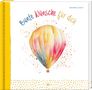 "Bunte Wünsche für dich" - Irmgard Erath. Aquarellillustration eines bunten Heißluftballons mit bunten Sprenkeln.