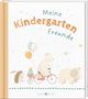 "Meine Kindergarten Freunde." Illustration: Ein Bär auf einem Fahrrad, ein Igel mit Luftballons, ein Elefant mit Krone.