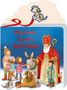 „Nikolaus, komm doch bald“ in roter Schrift. Ein Bischof mit Kindern, einem Esel, Geschenken und einem Hund im Schnee.