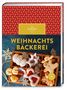 „WEIHNACHTS BÄCKEREI“ auf rotem Hintergrund mit goldenen Sternen, Kekse in Weihnachtsformen., Buch