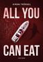 Text: „ALL YOU CAN EAT“. Ein Boot im roten Wasser, rechts der Schatten eines Hais., Buch