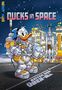 "DUCKS IN SPACE", "ENTHOLOGIEN", "ENTEN SIND ÜBERALL". Illustration: Ente im Raumanzug vor einer Weltraum-Rakete und Gebäuden., Buch