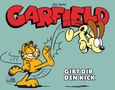Text: "Garfield gibt dir den Kick." Comicstil zeigt Garfield, der Odie einen Tritt verpasst.