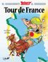„R. Goscinny, Asterix, A. Uderzo, Tour de France“. Eine Illustration mit zwei Pferden, die einen Wagen ziehen., Buch