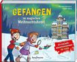 "Gefangen im magischen Weihnachtshotel", ein ESCAPE-Adventskalender für KIDS. Zwei Kinder vor einem winterlichen Hotel., Buch
