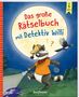 „Das große Rätselbuch mit Detektiv Willi“, ab 5 Jahre. Illustration: Waschbär mit Lupe, Taschenlampe, Krähe, Wald., Buch