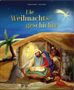 "Die Weihnachtsgeschichte". Illustration einer Krippenszene mit Josef, Maria, Jesuskind, Esel, Palme und Kometenstern., Buch