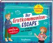 "20 knifflige Rätsel. Der Erstkommunion-Escape. Finde den Weg nach draußen! Mit Umschlag für ein Geldgeschenk."  
Illustration: Ein Junge und ein Mädchen mit Lupe., Buch