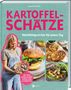 "Kartoffelschätze" oben in Pink, darunter "Wohlfühlgerichte für jeden Tag". Eine Frau hält Kartoffeln, daneben Burger, Quiche, Waffeln.
