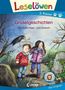 Gruselgeschichten für Zweitklässler. Zwei Kinder im Wald, ein Baum, ein Rabe, eine Schnecke. Fröhliches Löwen-Logo., Buch