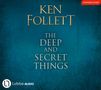Text: "KEN FOLLETT, THE DEEP AND SECRET THINGS, VORABCOVER". Blaues Hintergrunddesign, Logo unten links., 12 CDs