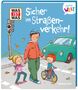 „Sicher im Straßenverkehr!“ Ein Erwachsener läuft mit zwei Kindern auf einem Zebrastreifen. Ein Auto und Ampel sind zu sehen.