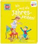 Text: "Ich mag alle Jahreszeiten!" Illustration: Mädchen steht auf einem Stuhl, Junge sitzt auf einem Schlitten. Bunter Drachen im Hintergrund.