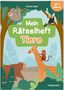 „Mein Rätselheft Tiere, ab 6 Jahren.“ Illustration mit Tukan, Faultier, Bär, Giraffe und Affe im Dschungel.