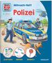 Mitmach-Heft "Polizei" mit Zeichnungen von Polizisten, Polizeiauto und Hund. Aktivitäten: Ausmalen, Rätseln, Stickern.