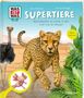 "Supertier. Rekordhalter an Land, in der Luft und im Wasser." Ein Gepard, ein Strauß, ein Chamäleon und ein Axolotl., Buch