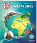 "UNSERE ERDE: Ein Planet voller Leben – und du bist mittendrin! Ab 4 Jahren." Illustration eines bunten Planeten mit Tieren., Buch