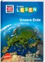 Text: "Erstes Lesen - Unsere Erde". Zeigt eine satellitenähnliche Aussicht auf Europa und Nordafrika unter einem blauen Himmel., Buch