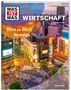 "WAS IST WAS", "WIRTSCHAFT", "Was die Welt bewegt". Stadtansicht bei Dämmerung, geschäftige Kreuzung, Hochhäuser.