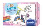 "50 Karten Malen nach Zahlen" in pastellfarbenem Design mit Einhorn, Regenbogen und Wolkenillustration. Ab 5 Jahren geeignet., Diverse