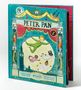"PETER PAN", "VORHANG AUF!", "DRÜCK DIE NOTE und hör die Musik". Illustration: Kinder fliegen über London., Buch
