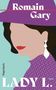 „Romain Gary“, „Wagenbach“, „LADY L.“, „Roman“. Illustration einer stilisierten Frau mit Hut und Ohrring., Buch