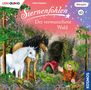 "Sternenfohlen: Der verwunschene Wald. Hörspiel 43. Zwei Einhörner und ein Troll in einem blühenden Wald, Umrandung rosa."