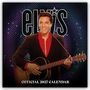 Texte: “elvis” und “Official 2027 Calendar”. Eine Person in dunkler Kleidung mit Gitarre vor buntem, gepunktetem Hintergrund., Kalender