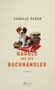 CAMILLE PAGÁN, HAROLD UND DER BUCHHÄNDLER, ROMAN. Ein Hund sitzt auf Büchern und einem roten Kissen.