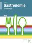 „Gastronomie Grundstufe, 8. Auflage.“ Bunte Linien, grüne Besteck-Silhouetten, minimalistischer Stil.