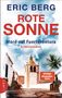 "Eric Berg, Rote Sonne. Mord auf Fuerteventura. Kriminalroman. Ein Dorf mit Turm und Palme, Himmel im Hintergrund.", Buch