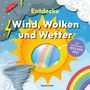 "Entdecke Wind, Wolken und Wetter", Illustration mit Sonne, Regenwolke, Regenbogen und Blitz. Ein Tornado ist ebenfalls sichtbar.