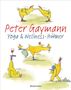 „Peter Gaymann: Yoga & Wellness-Hühner“ in roter und blauer Schrift. Illustrationen von Hühnern beim Yoga., Buch