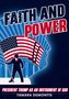 Der Titel "Faith and Power" in großen Buchstaben. Silhouette einer Figur mit US-Flagge vor Hochhäusern und Strahlenhintergrund., Buch